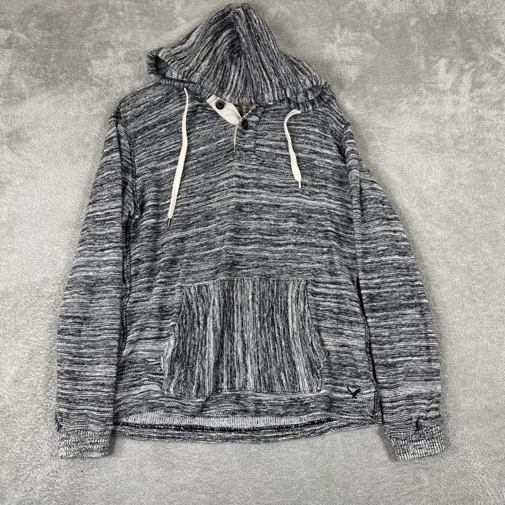 American Eagle Hoodie Mens Medium Gray Space Dye Knit Henley Pullover Baja